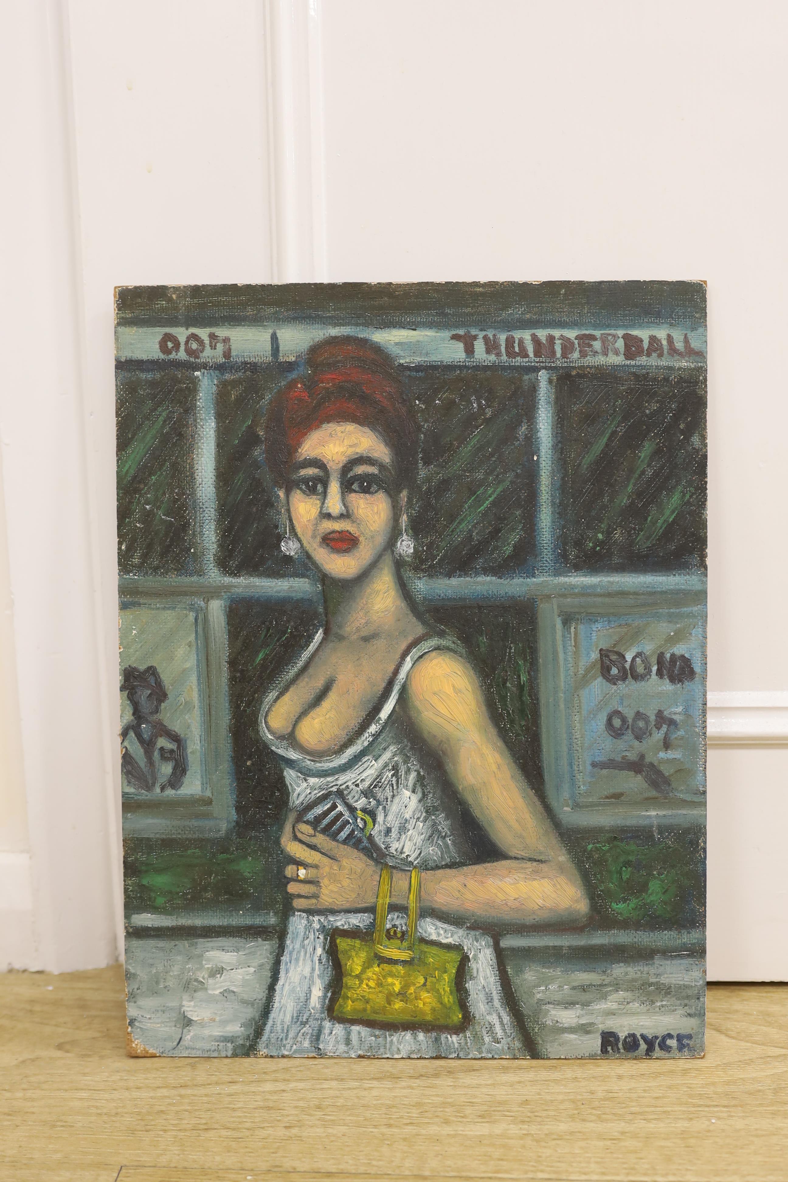 Royce, Contemporary oil on canvas board, Study of a female before James Bond posters, signed, 40 x 30cm, unframed